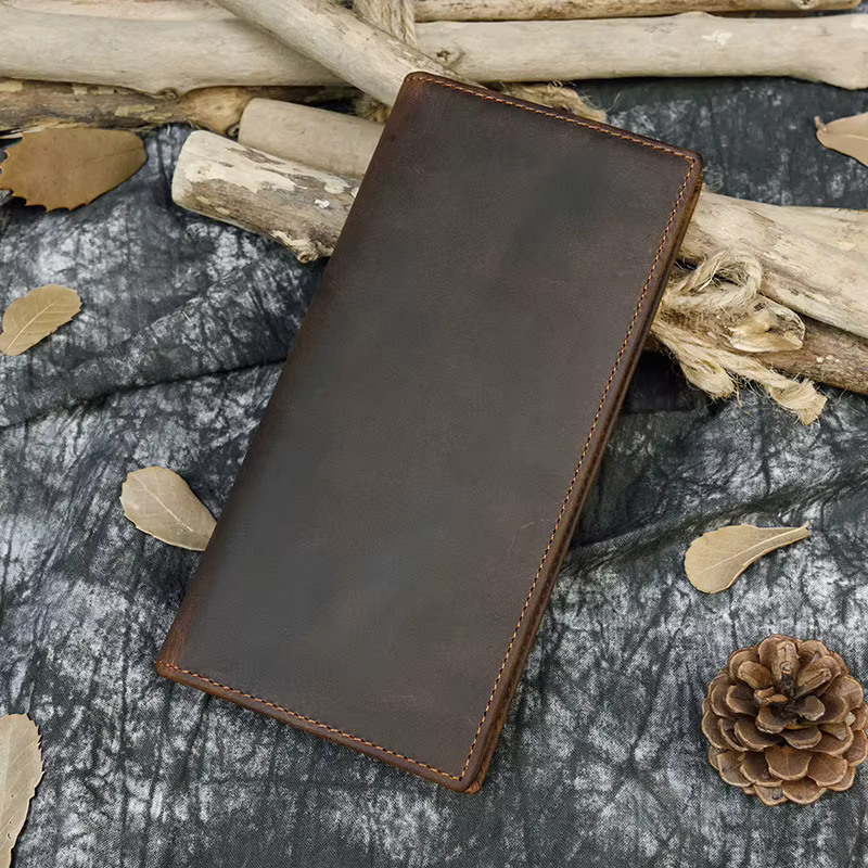 Portefeuille Long en Cuir de Cheval pour Homme, Pochette à Trois Volets, Marron, avec Poche pour Tél