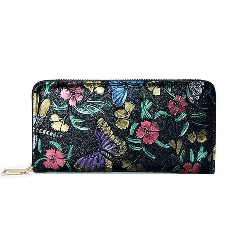 Portefeuille femme rétro moleté Rose fleur motif long en cuir femme portefeuille designer sac à main