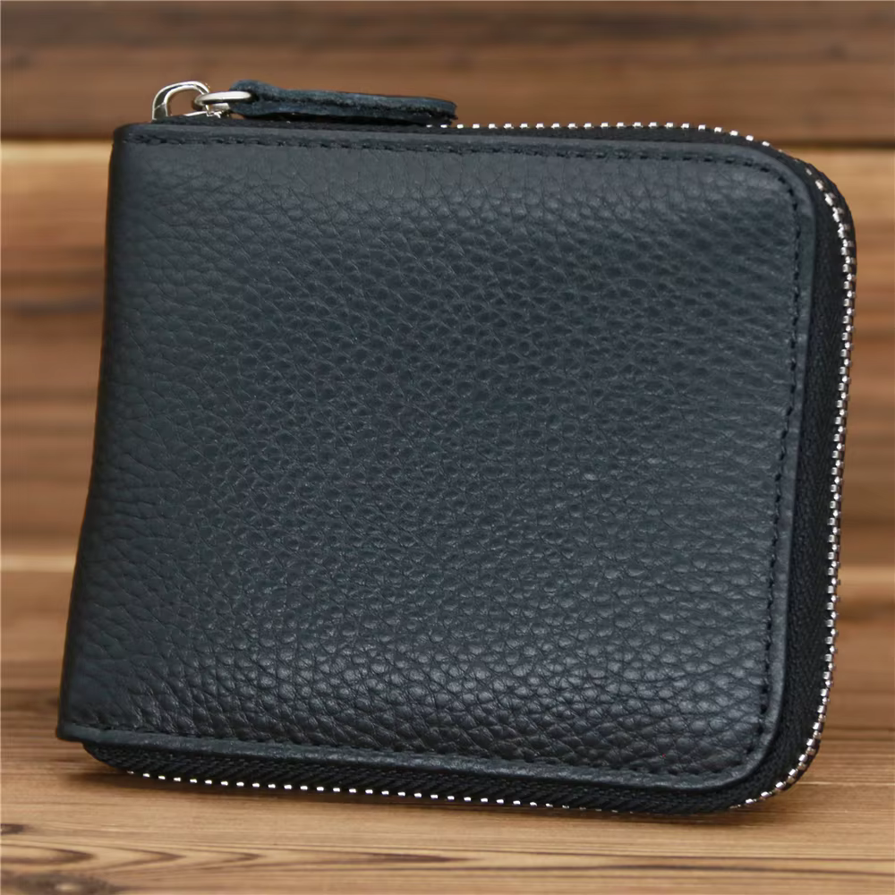 Portefeuille en cuir véritable à fermeture éclair pour hommes, porte-monnaie court, porte-carte de c