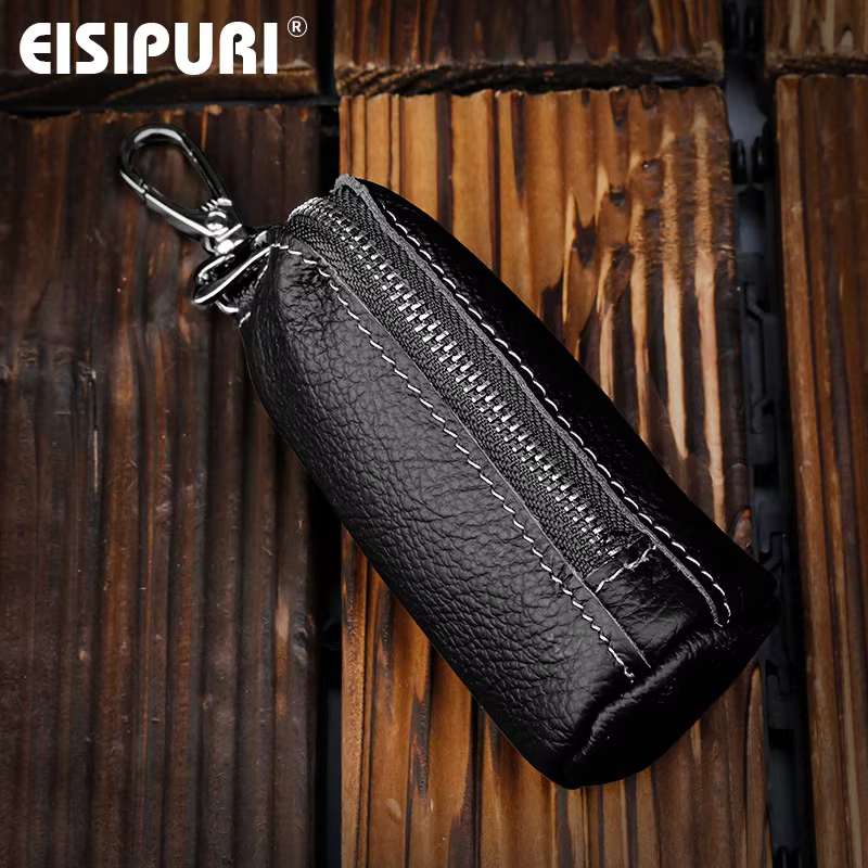 EISIPURI-Porte-clés en cuir véritable unisexe, porte-clés solide, étui multifonction avec porte-clés