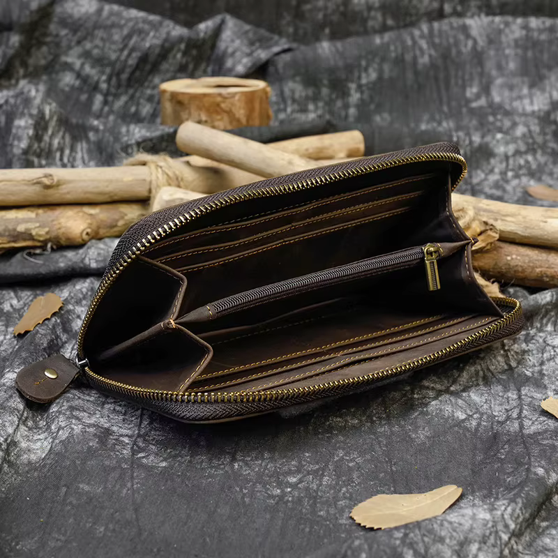 Luufan Crazy Horse portefeuille en cuir hommes pochette sac à main Double fermeture éclair 24 porte-