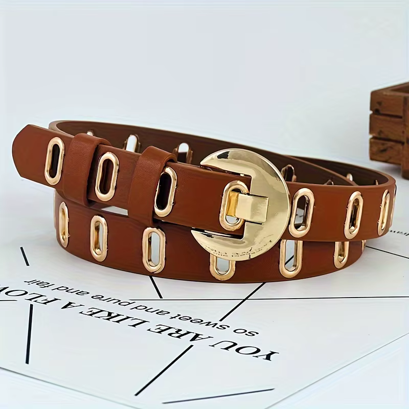 Ceinture tendance pour femme avec boucle croissant doré, sangle de taille en simili cuir découpée en
