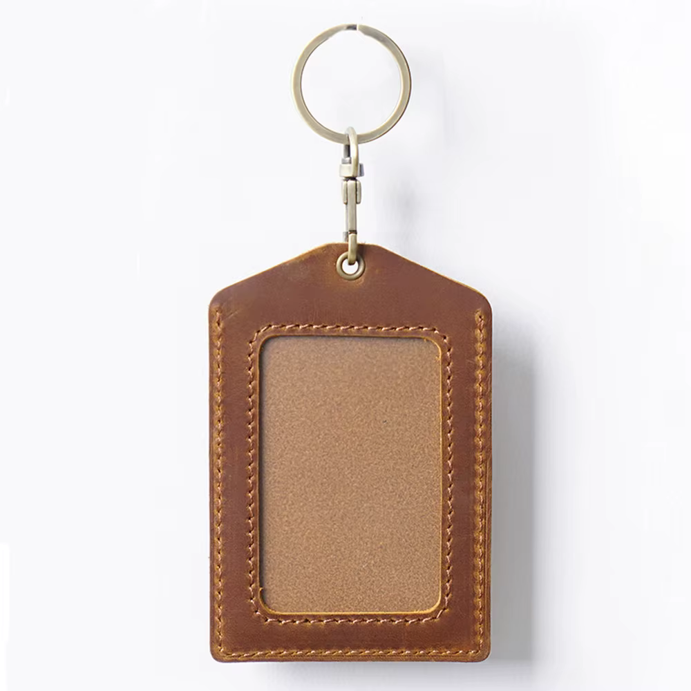 Porte-cartes en cuir véritable pour identification de travail, badge de employé, passe-bus et accès