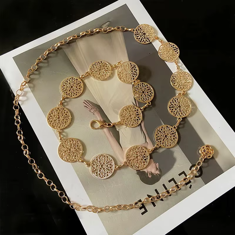 Ceinture ronde en métal pour femmes, élégante, rétro, or, argent, sculpté, chaîne ajourée, longues, 