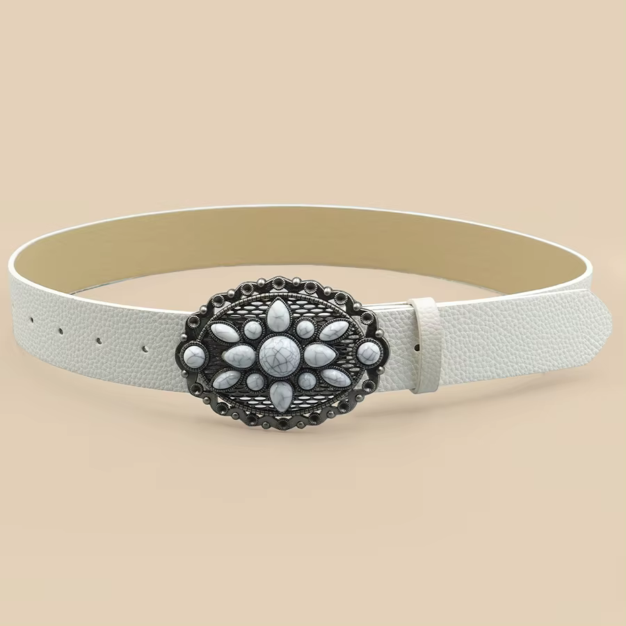Ceinture à boucle en pierre howlite bohème, noir et blanc, pour femme, style vintage, accessoire déc