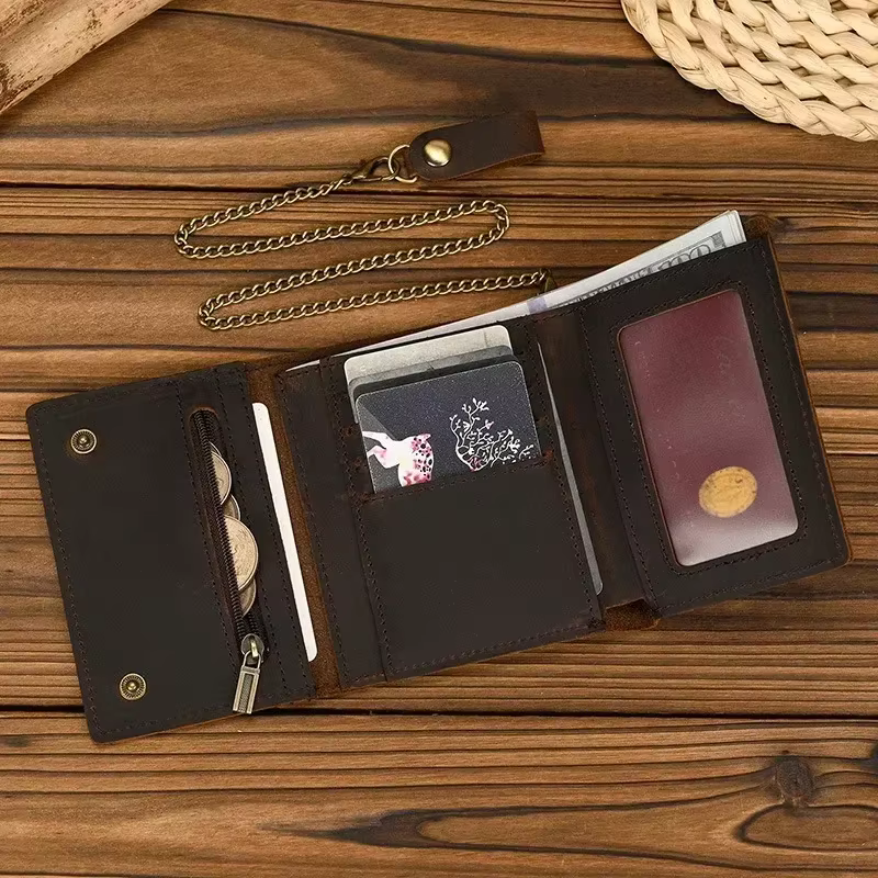 2025 hommes en cuir véritable court portefeuille avec chaîne fermeture éclair pochette portefeuilles