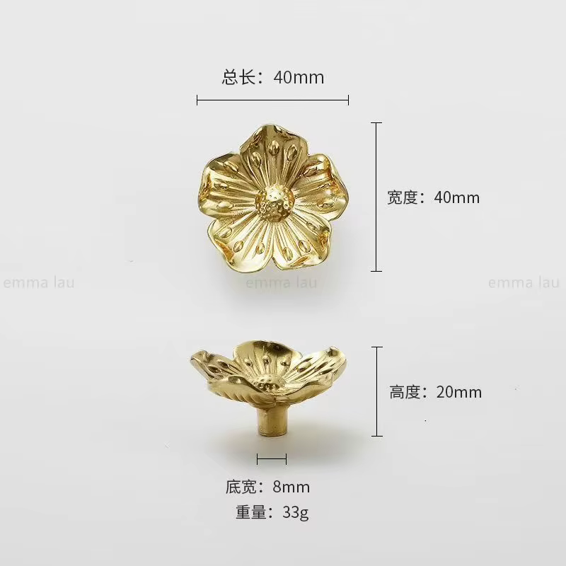 Poignée de meuble en cuivre complet, bouton de porte doré, style français Floras, armoire Chi Board,