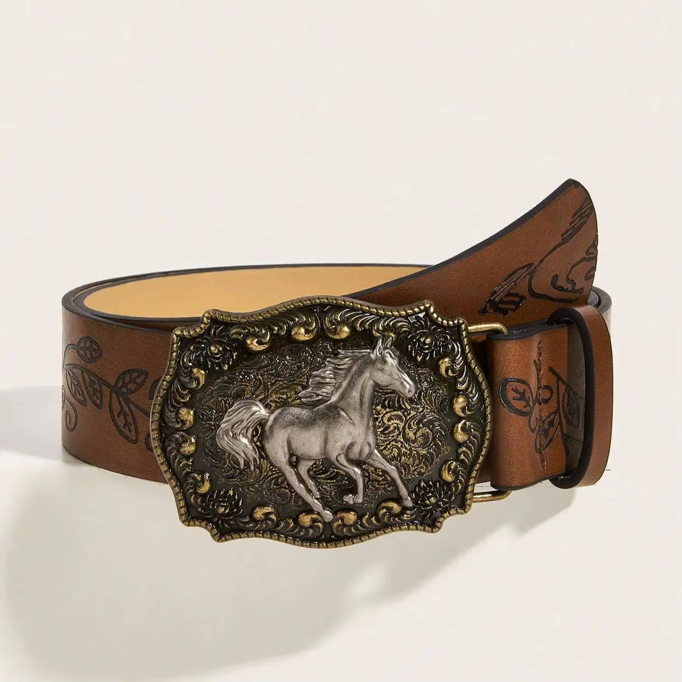 Ceinture en PU à motif de pivoine, boucle tête de cheval neutre, à la mode