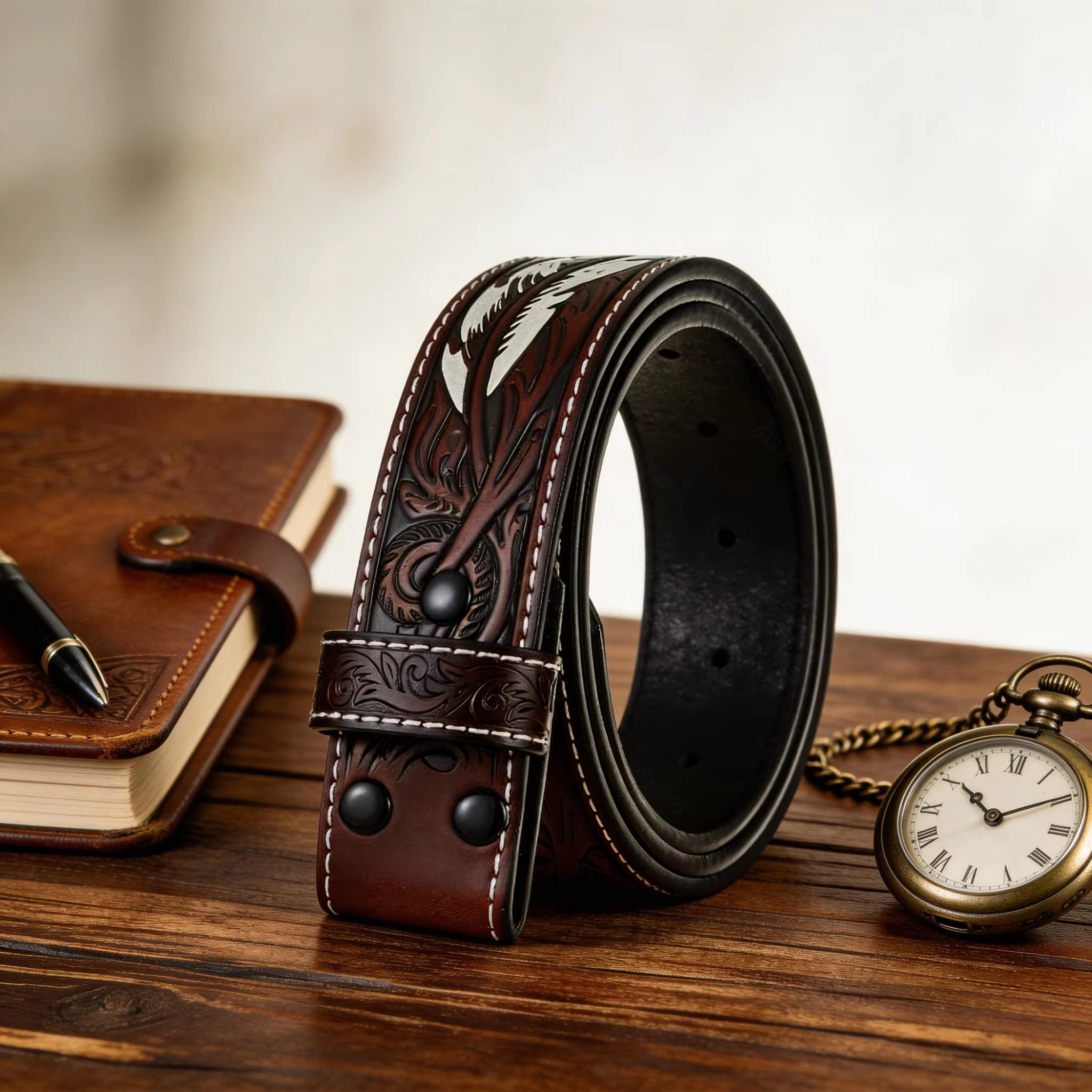 Ceinture en cuir faite à la main - Design rétro à motif de plumes en relief, marron, ajustement régl