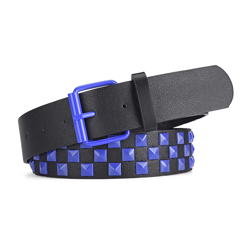 Nouvelle ceinture en cuir PU à rivets personnalisés, motif damier, 107 cm, unisexe, mode hip-hop pun