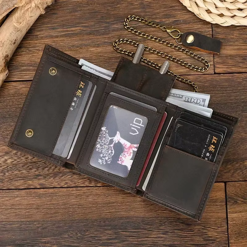 Portefeuille court en cuir véritable pour hommes, avec chaîne, fermeture éclair, pochette, porte-mon