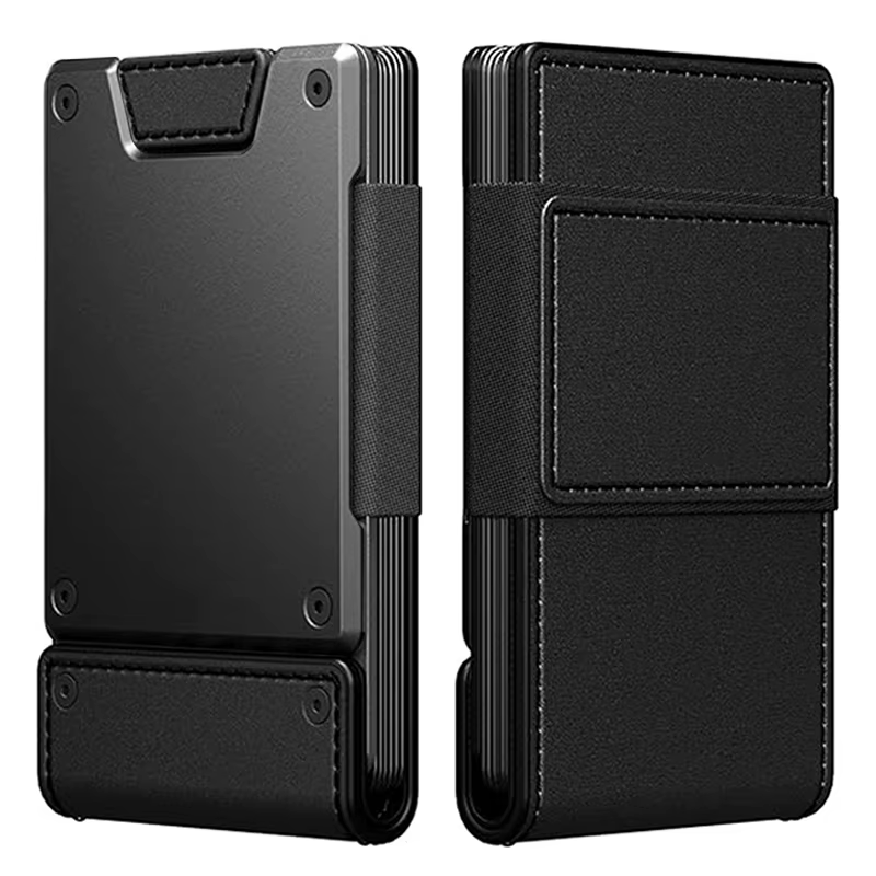 Portefeuille fin et minimaliste pour homme, blocage RFID, cuir et métal, poche avant et arrière, por