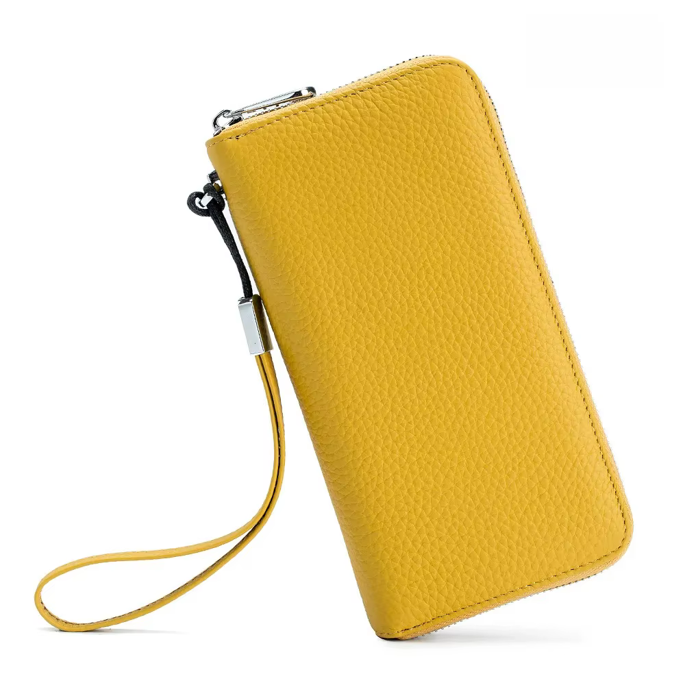 Portefeuille long à clip grande capacité pour femme, en cuir véritable, antivol, en cuir de vachette