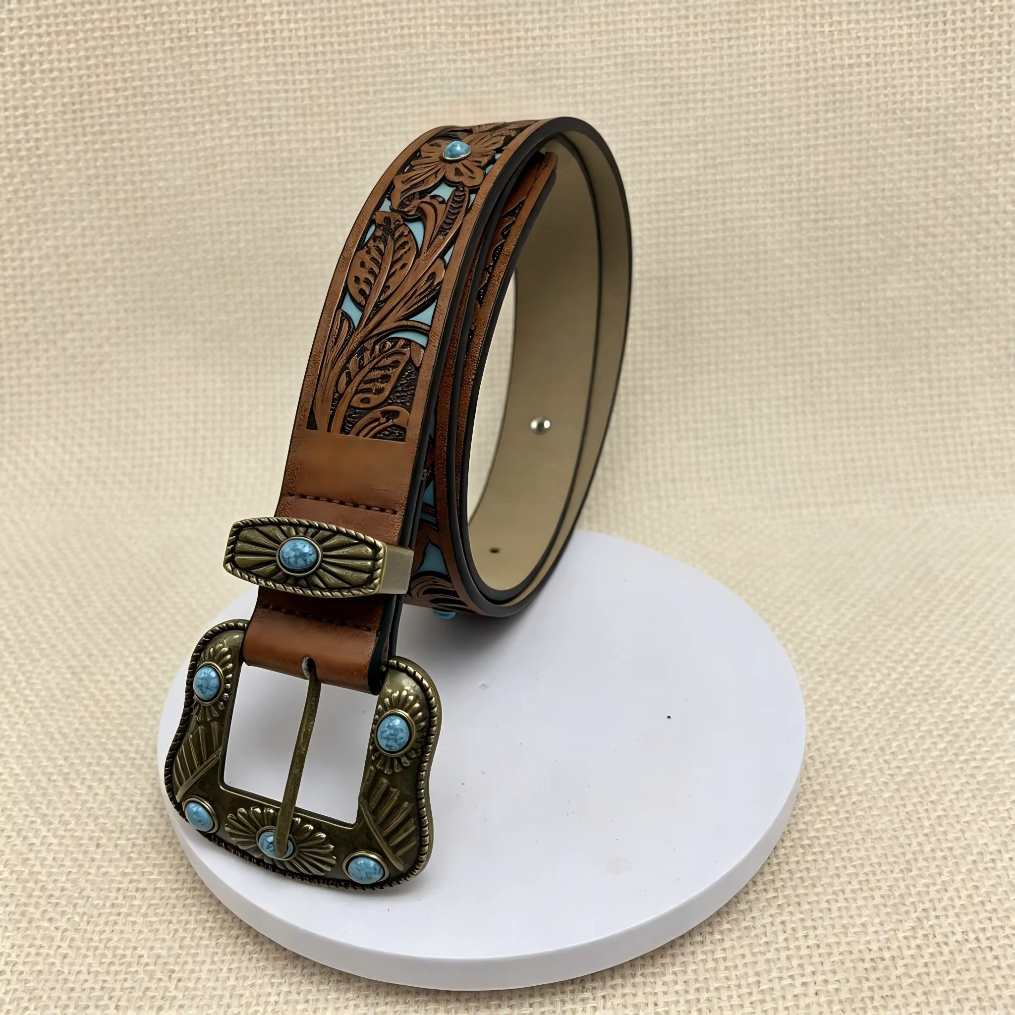 1 ceinture unisexe avec perles bleues, style western cowboy punk rétro, adaptée aux vêtements de cow