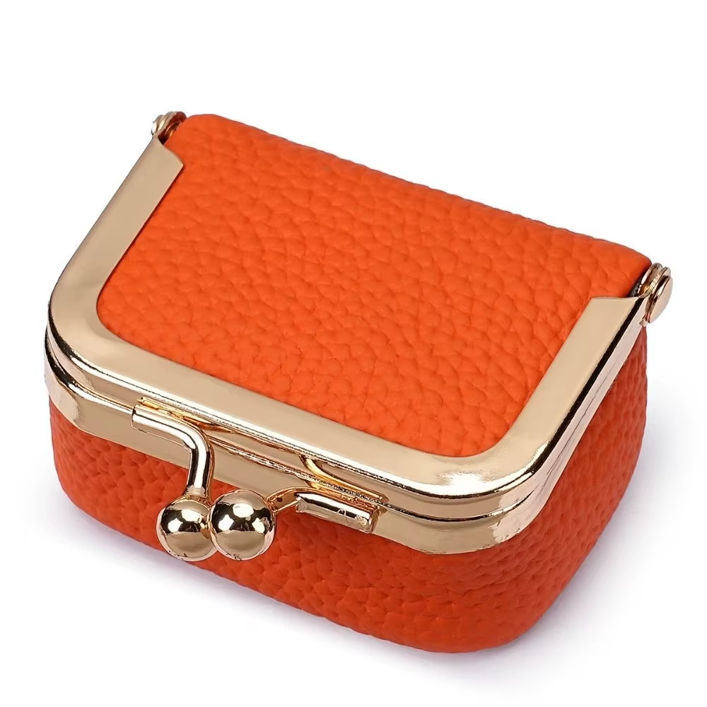 Portefeuille en cuir véritable avec serrure à baiser, porte-monnaie carré de couleur unie, sac à bij