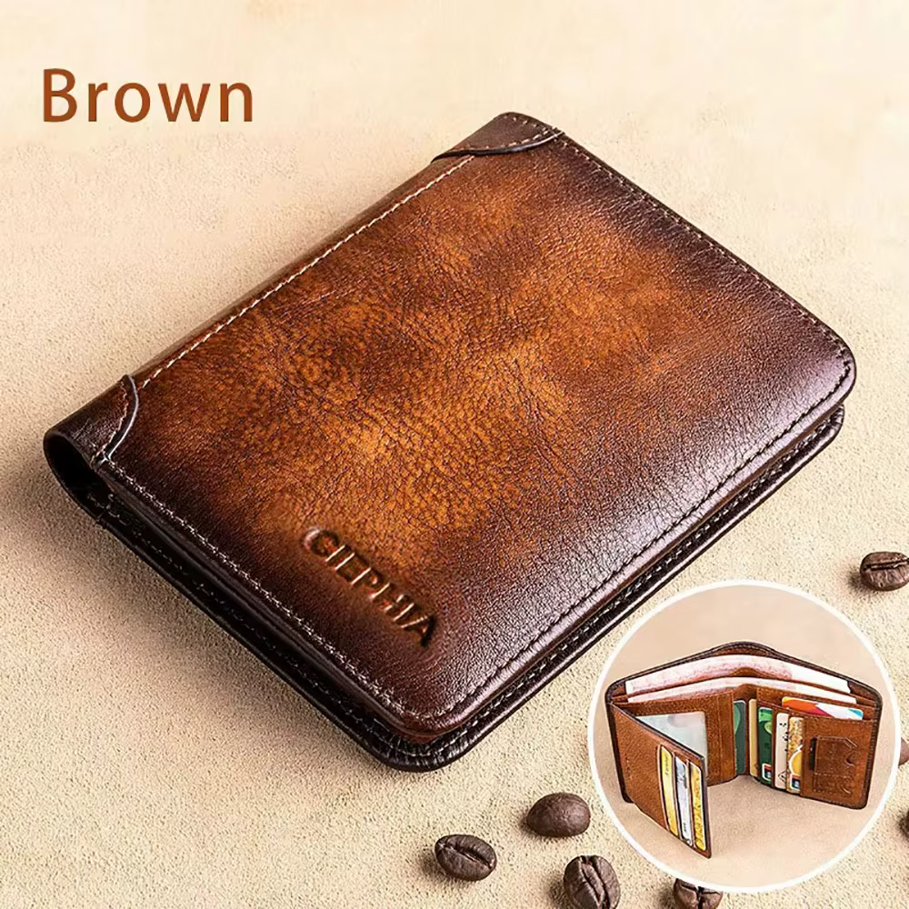 Portefeuille pour homme en cuir PU durable, vintage, avec blocage RFID, portefeuille à trois volets,