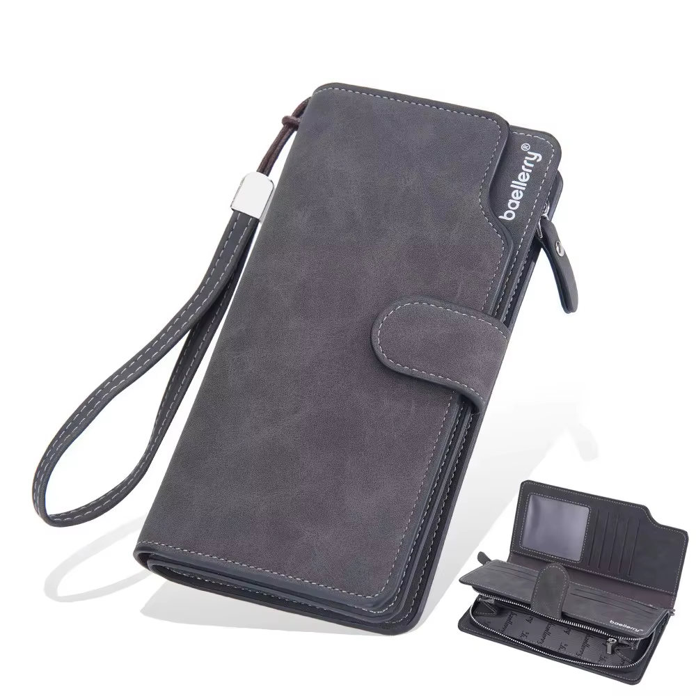 Baellerry Vintage hommes Long portefeuille sac à main nom gravure grande capacité mâle porte-monnaie