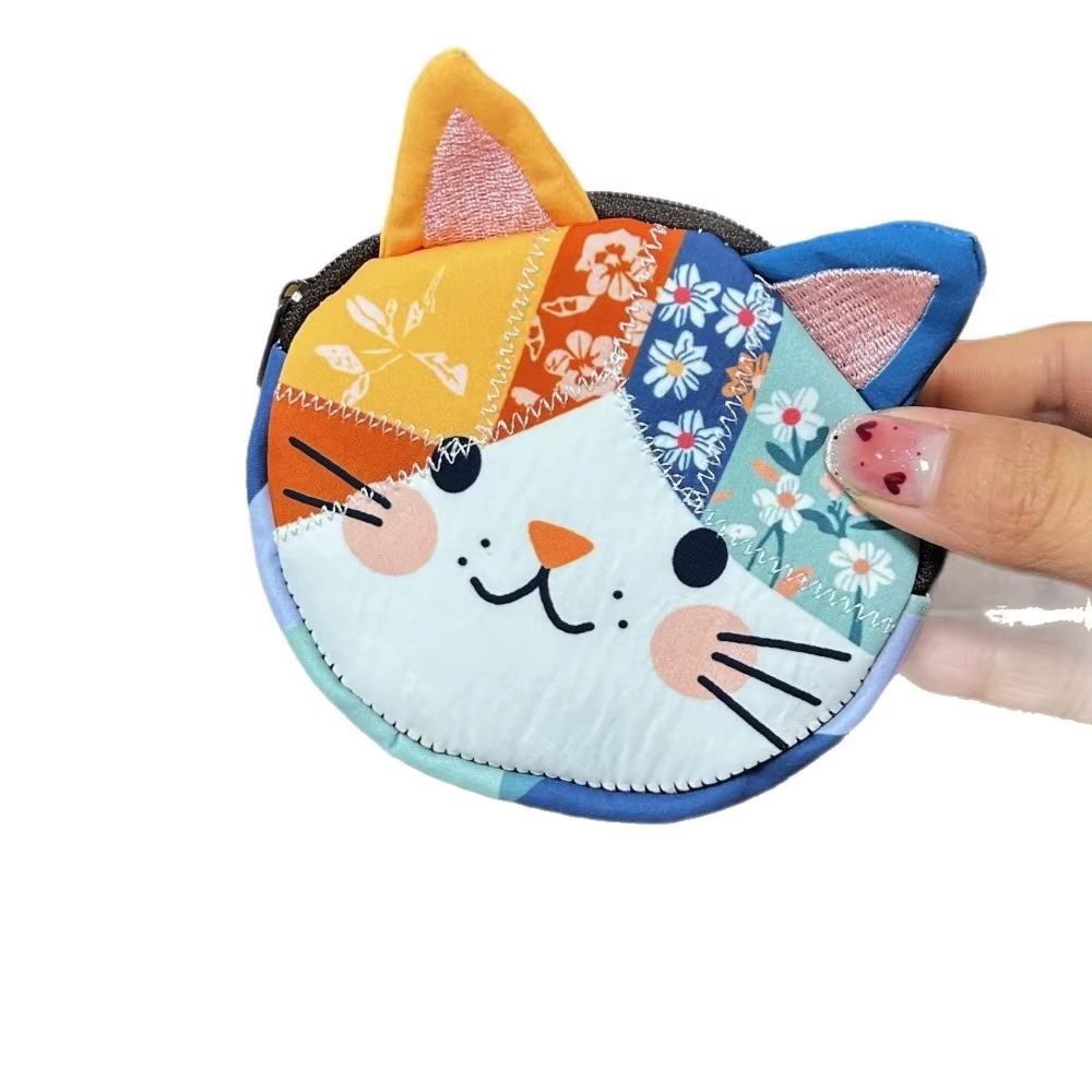 Porte-monnaie portable patchwork, petite taille, motif chat mignon, étui de rangement grande capacit