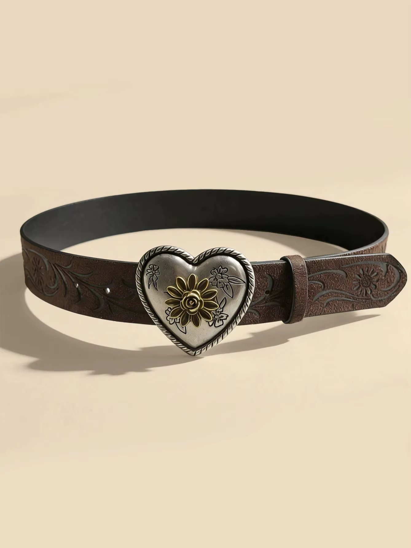 Ceinture à boucle en métal en forme de cœur et de fleur pour femmes, ceinture rétro en relief marron