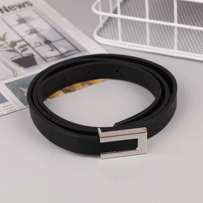 Ceinture fine pour femme en cuir PU noir avec boucle métallique or et argent, ceinture décontractée