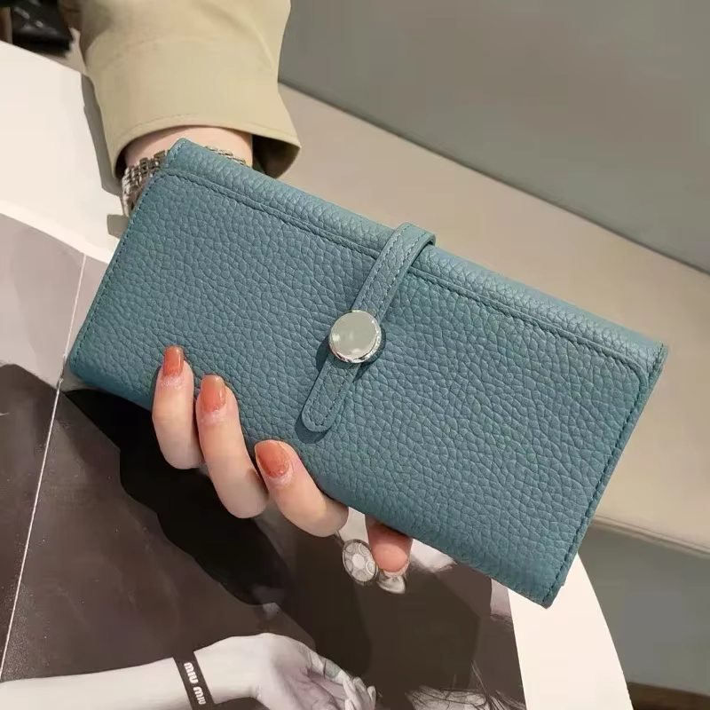 Portefeuille en cuir véritable pour femmes, longue pochette, marque de luxe, porte-cartes, fermeture