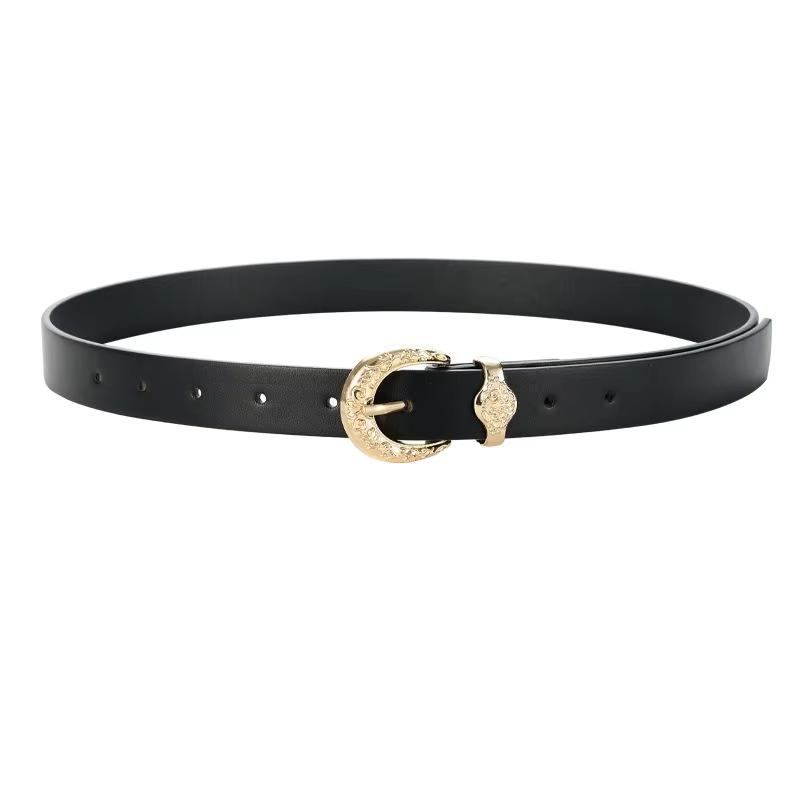 Ceinture pour femme haut de gamme à la mode avec boucle dorée gravée, ceinture en cuir minimaliste, 