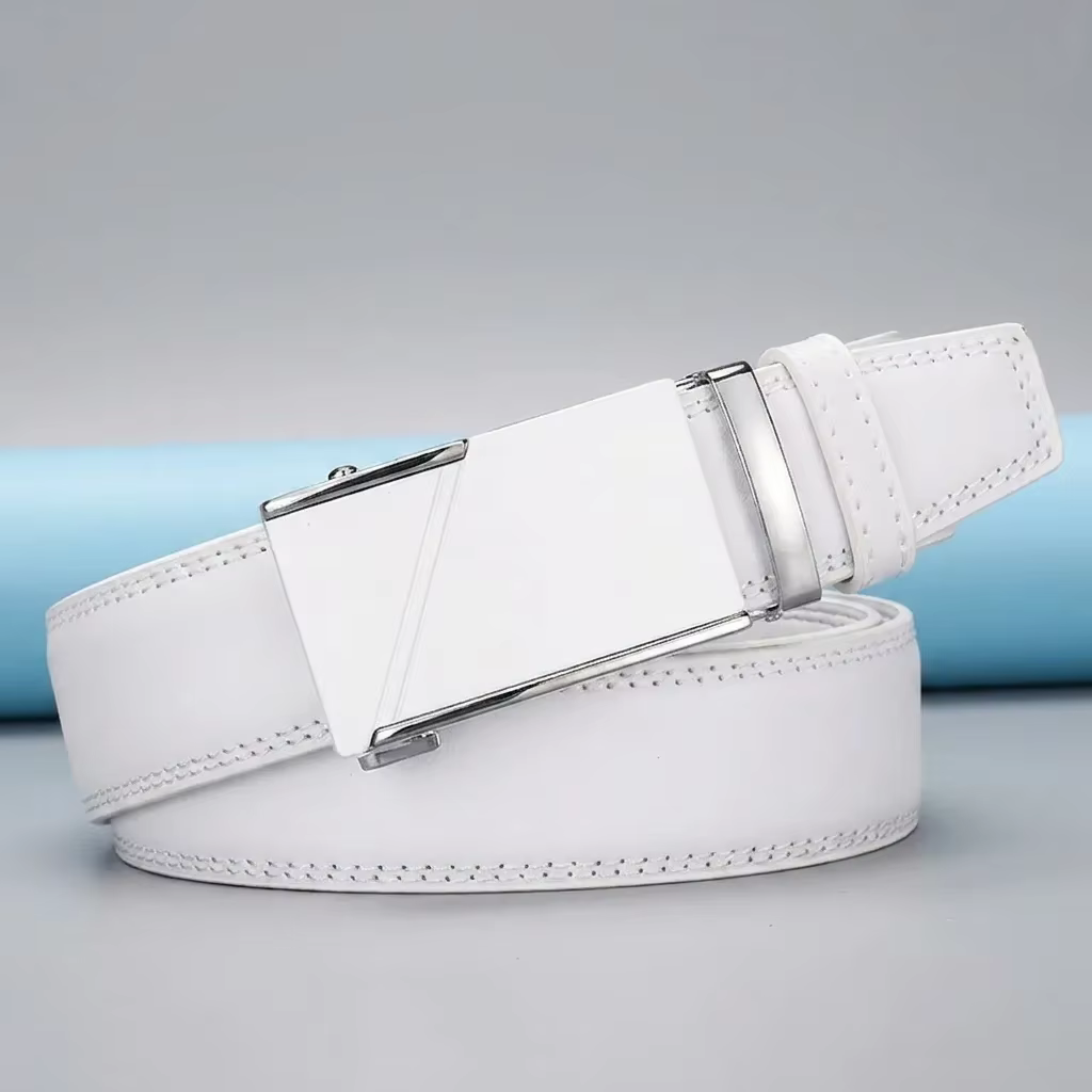 Ceinture classique blanche pour homme avec boucle automatique en alliage de zinc, sangle en cuir PU,