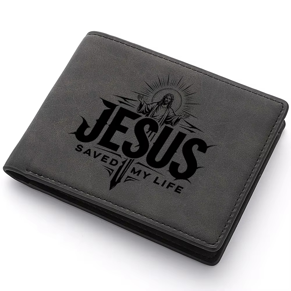 Portefeuille Bifold Vintage en Cuir PU pour Homme avec Imprimé Croix « Jésus m'a sauvé la vie », Por