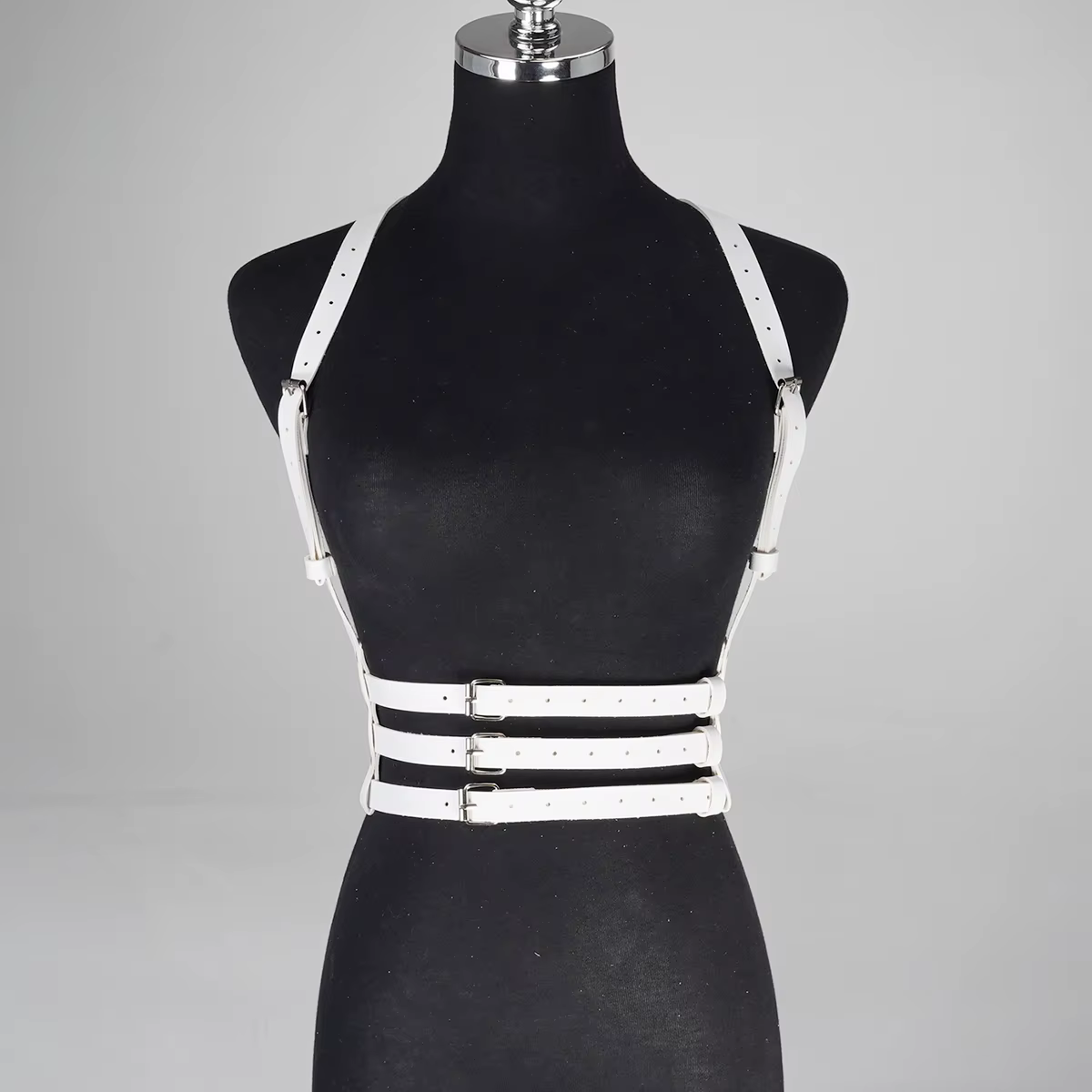 Ceinture large blanche pour femme en cuir PU réglable avec boucle, design à trois couches, style pun