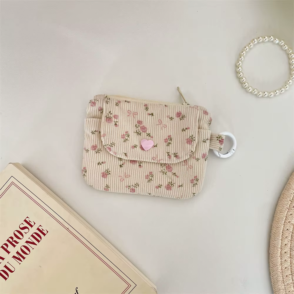 Sac à cartes imprimé en velours côtelé, porte-monnaie à fermeture éclair avec porte-clés, mignon pou