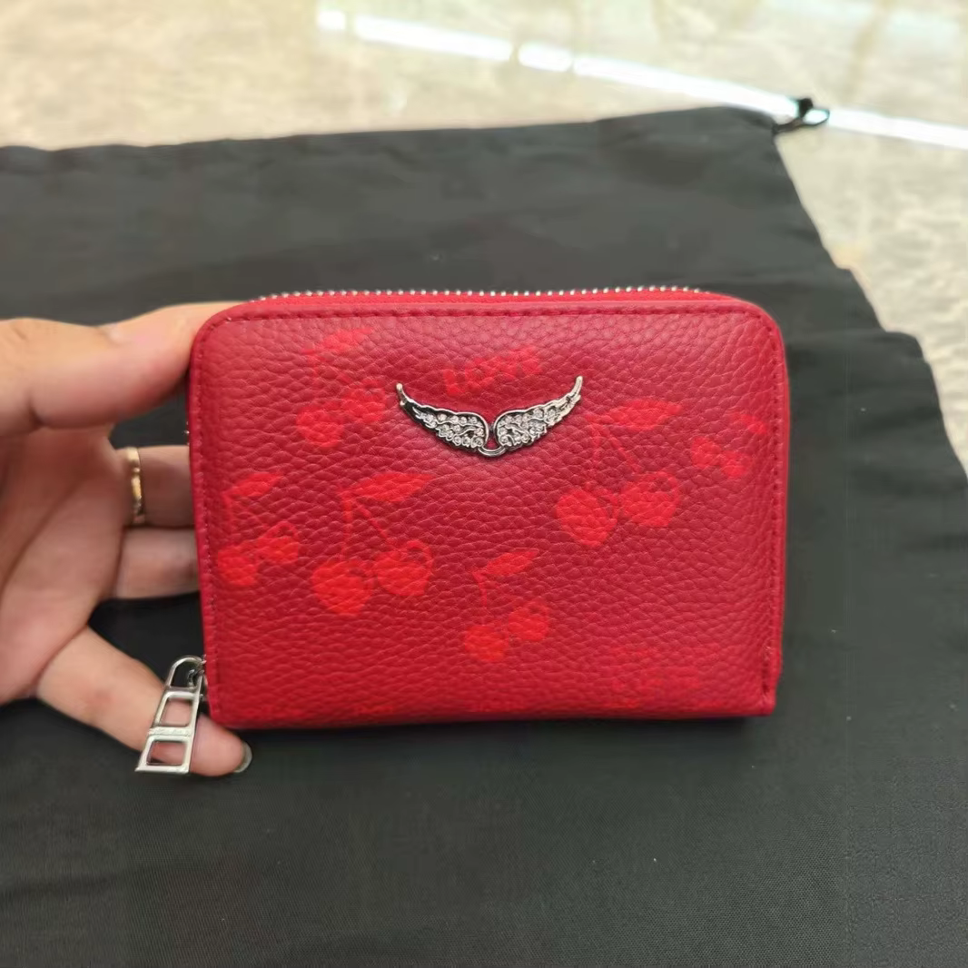 Ensemble de portefeuilles en cuir litchi à imprimé cerises pour femmes, format court et long, avec p