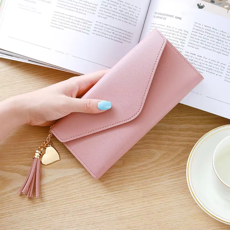 Portefeuille Long pour femmes, porte-monnaie à pompon, porte-cartes, pochette en cuir Pu, sac d'arge