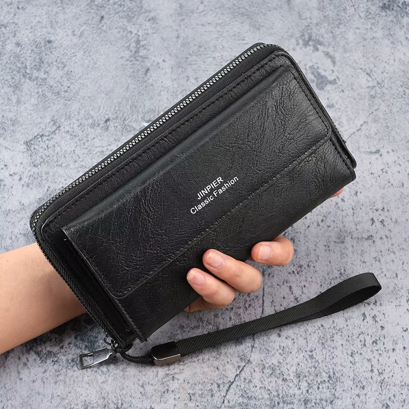 Portefeuille d'affaires pour hommes, grande capacité, fermeture éclair, multi-fentes, sac à main déc