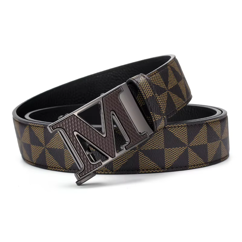 Ceinture de luxe pour homme avec boucle automatique lettre M, motif géométrique à carreaux, en cuir,
