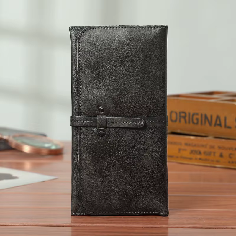 Portefeuille Long en Cuir de Vache group pour Homme et Femme, Poli à la Main, Première Couche, Décon
