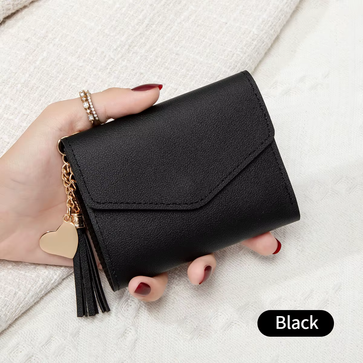 Portefeuille pochette compact pour femme élégant noir, porte-monnaie portable avec fermeture à press