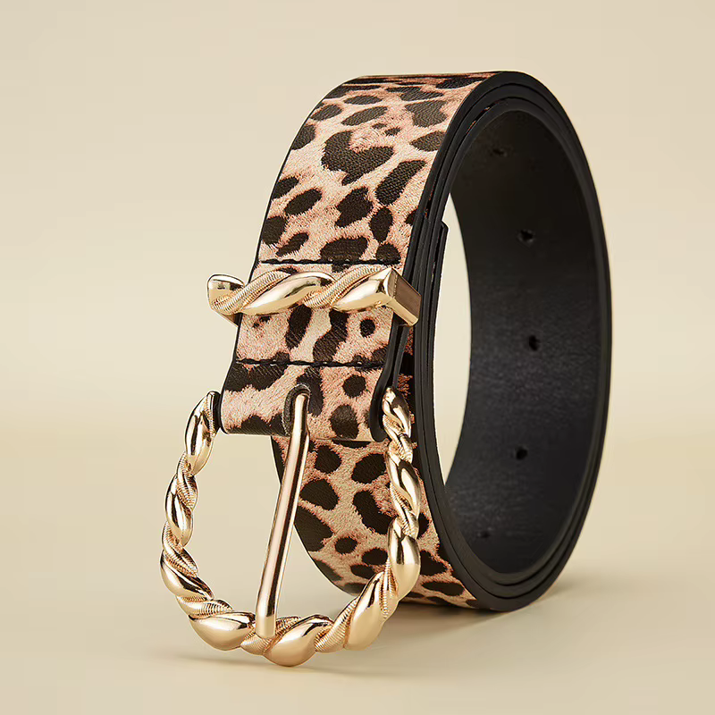 Ceinture en cuir PU à motif léopard rétro pour femmes avec boucle en alliage doré, ceinture tendance