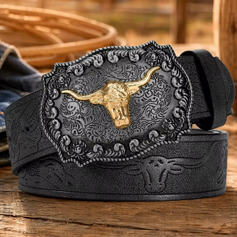Ceinture de cowboy occidentale pour homme 2026 - Ceinture en PU noir élégante et stylée avec motif g
