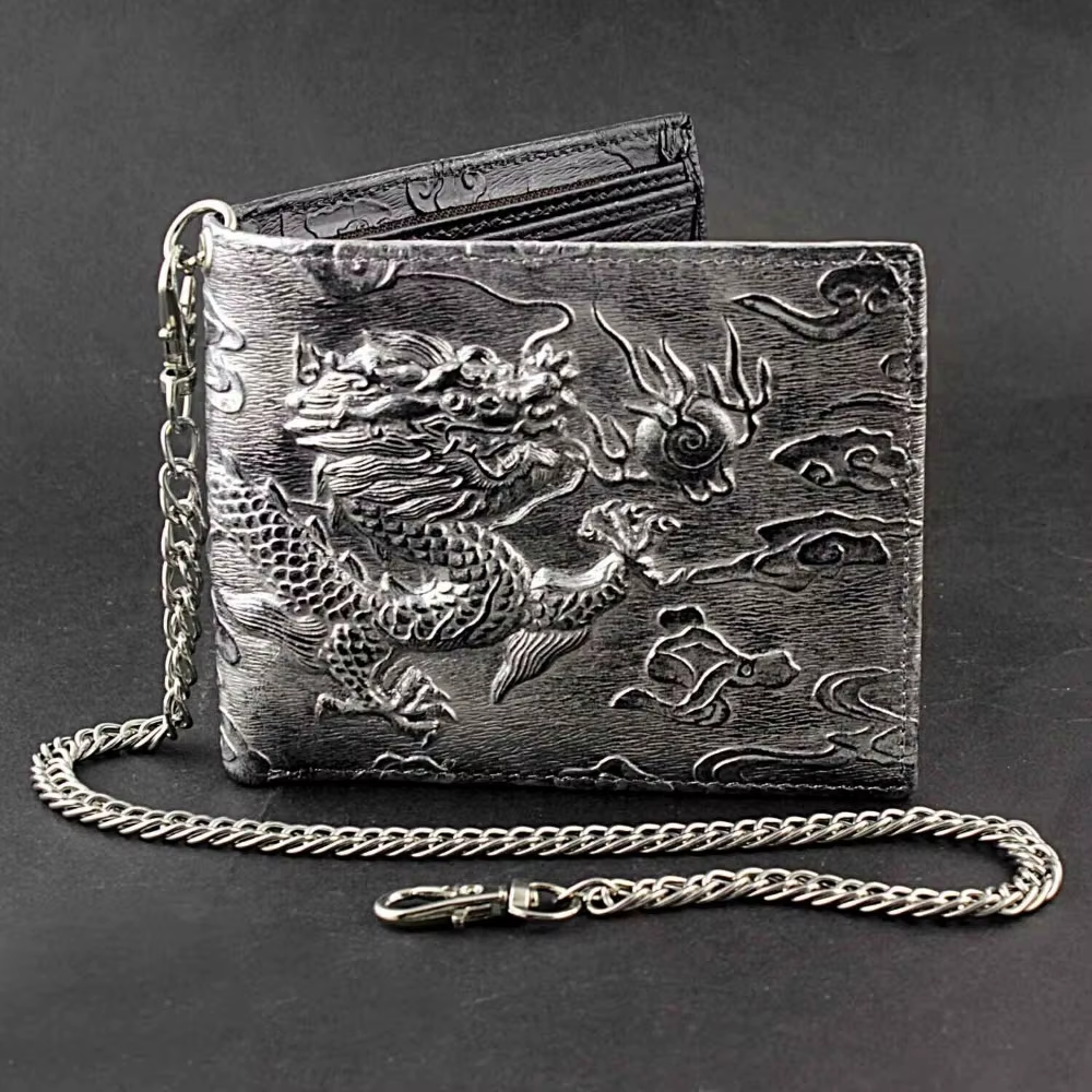 Portefeuille pour homme Punk Rock Biker avec chaîne en métal, dragon argenté rétro en relief, en cui