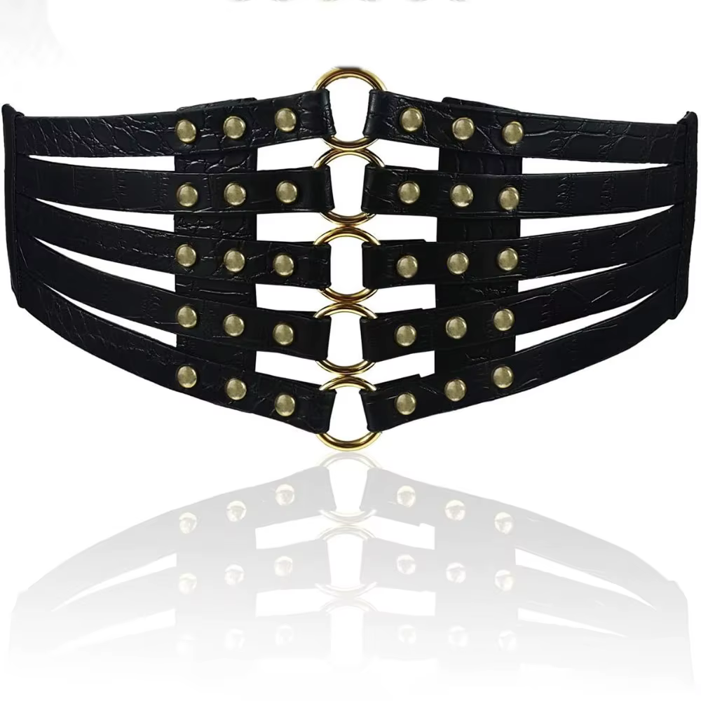 Ceinture Large Vintage à Rivets pour Femme, Cummerbund Rétro, Noir et Camel, Grande Taille, 75cm de 