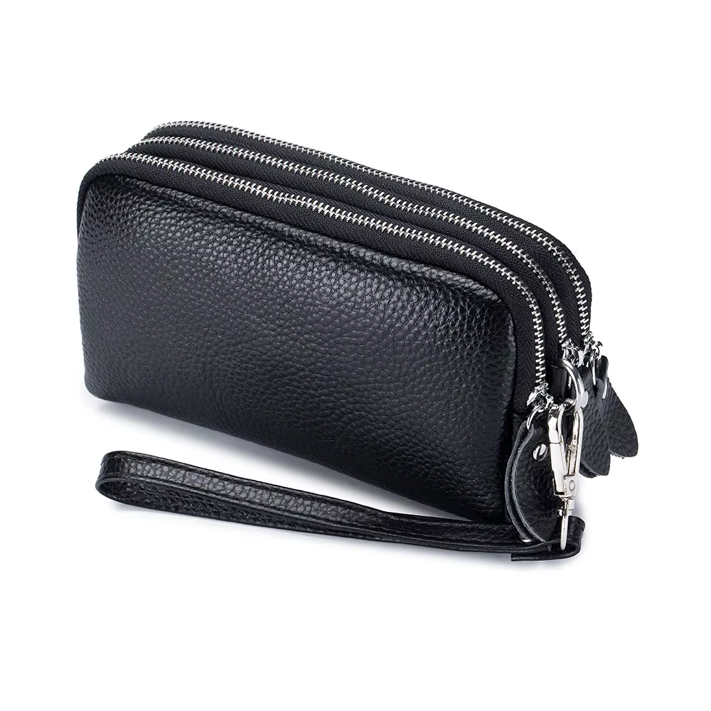 Femmes Long portefeuille en cuir véritable 3 couches fermeture éclair sac à main grande capacité bra