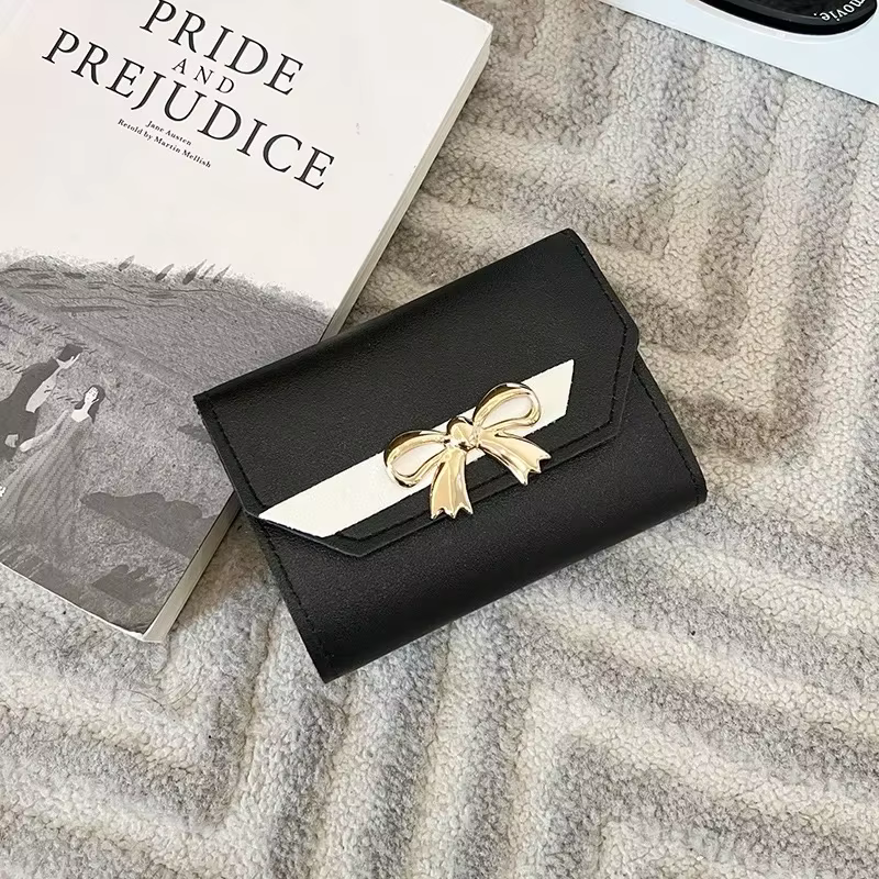 Femmes portefeuille pliable Portable dames court porte-monnaie mode mignon nœud pochette en cuir PU 