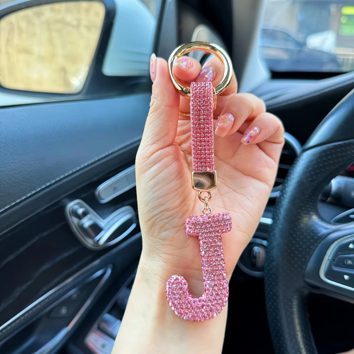 Porte-clés avec lettres élégantes, accessoire pour clés, sacs, voiture, avec strass rose, cadeau pou