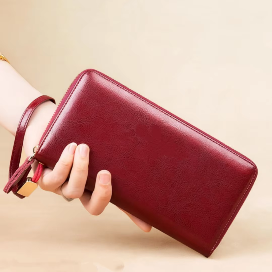 Portefeuille long pour femme, cuir véritable, double fermeture éclair, grande capacité, sac à main,