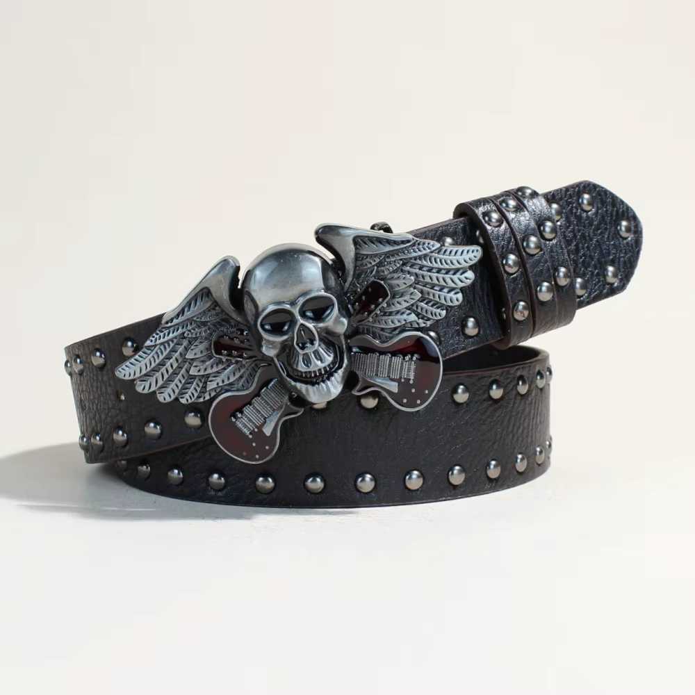Ceinture vintage au design sophistiqué, rivets en métal creux en forme de crâne, ceinture de style p