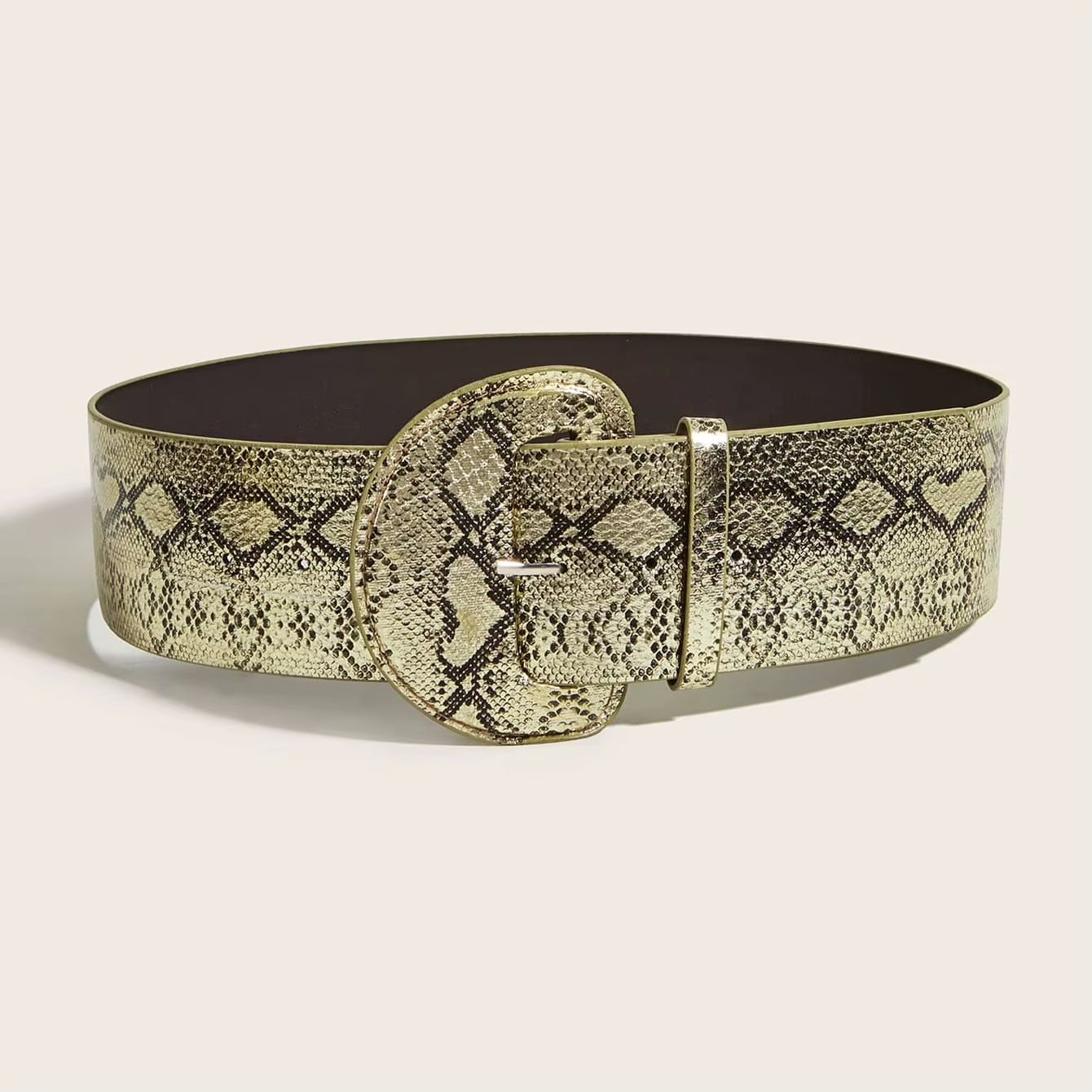 Ceinture large en cuir imprimé python doré avec grande boucle pour femme, accessoire de mode cool po
