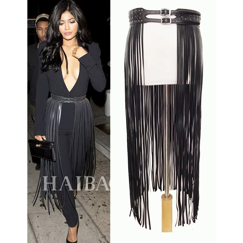 Fantastique longue frange ceinture en cuir noir ceintures de créateur pour les femmes longs glands b