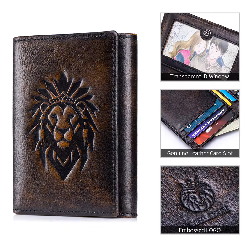 Portefeuille Vintage à trois volets pour hommes, poche avant, en cuir véritable, mince, blocage RFID
