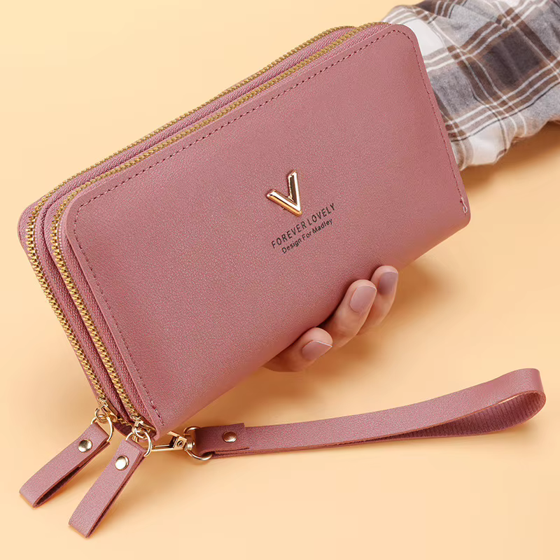 Portefeuille Long en cuir Pu pour femmes, porte-monnaie à pompon, porte-cartes, Double fermeture écl