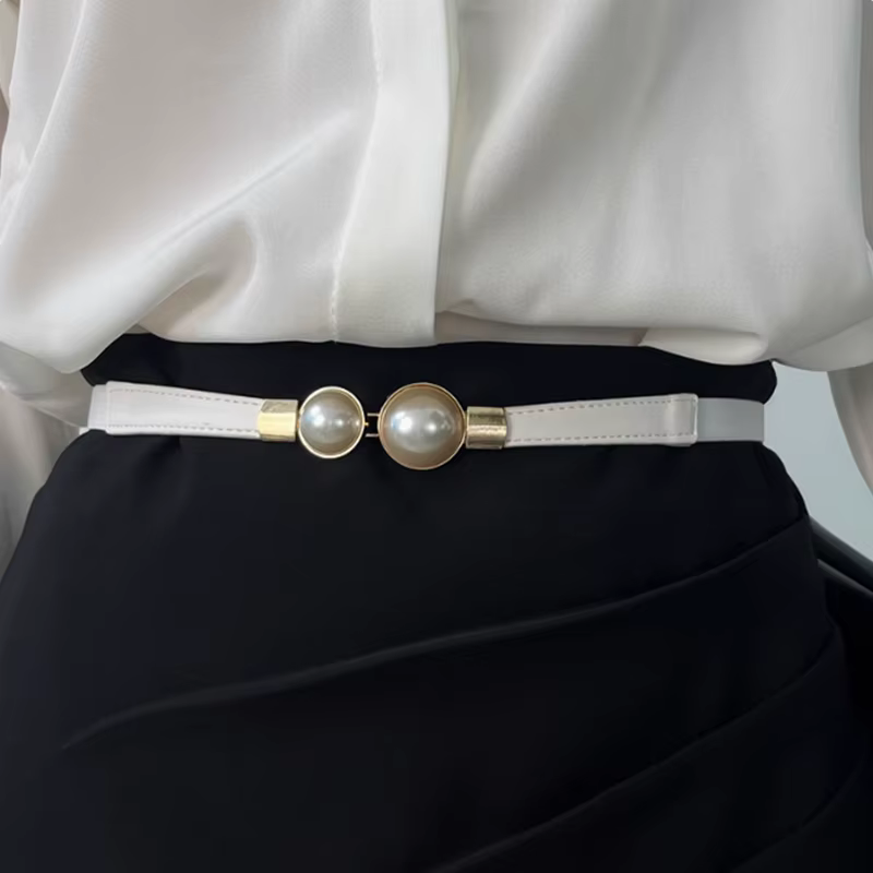 Ceinture fine et élégante pour femme, ceinture décorative pour robe, double boucle en perles, ceintu